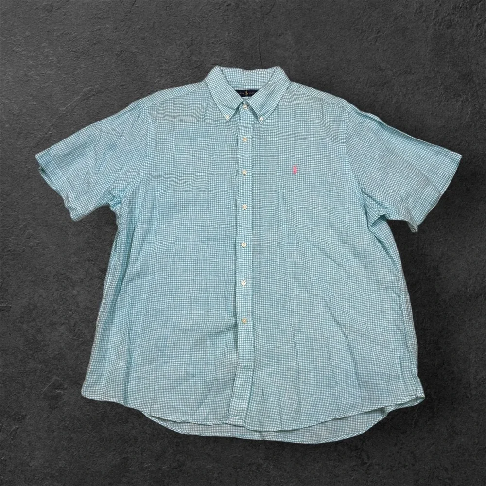 Ralph Lauren Mens‎ Blue White Gingham Linen Short Sleeve Button Down Shirt XXL
